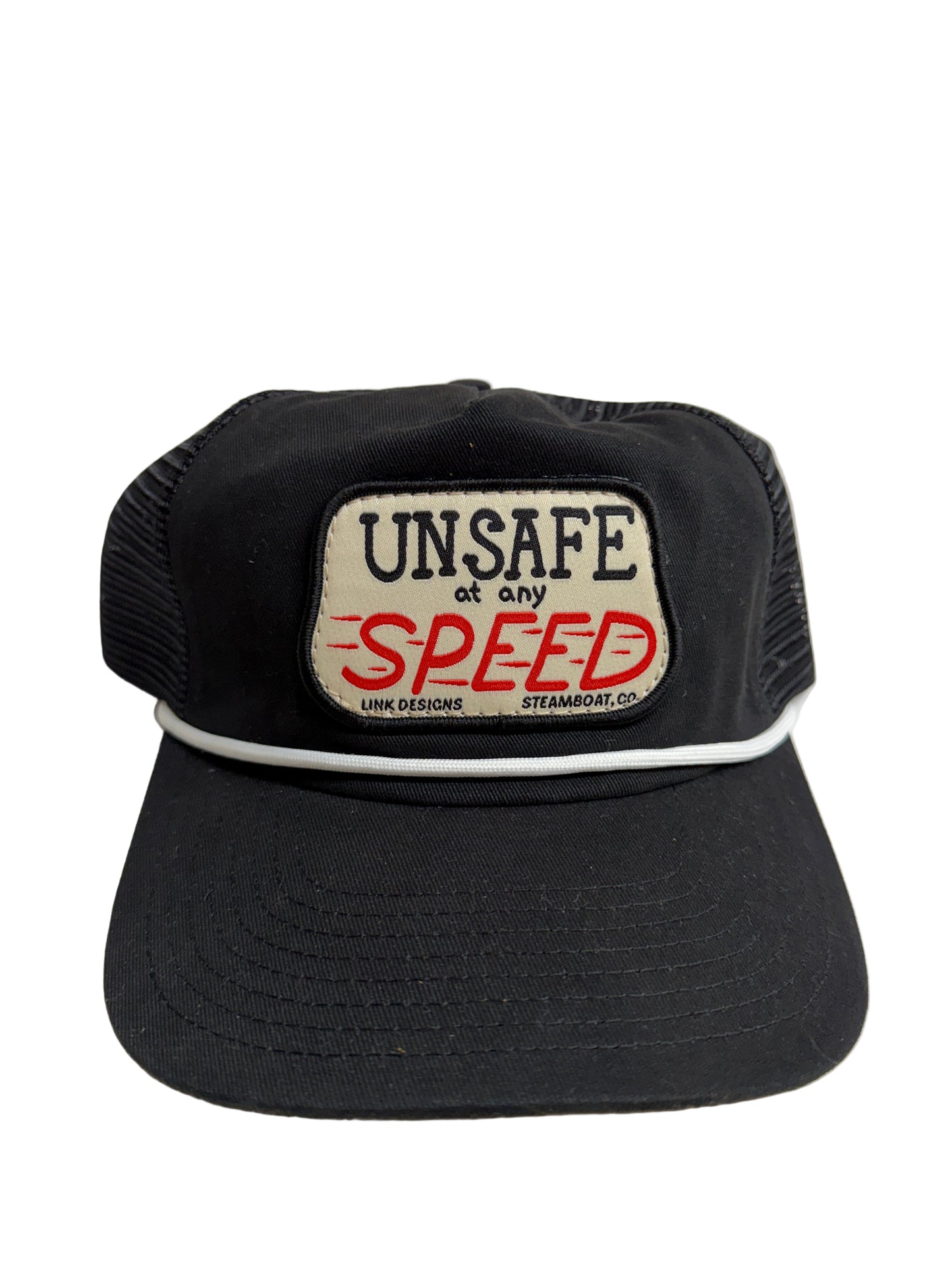 “Unsafe at any speed” unstructured SnapBack rope hat black