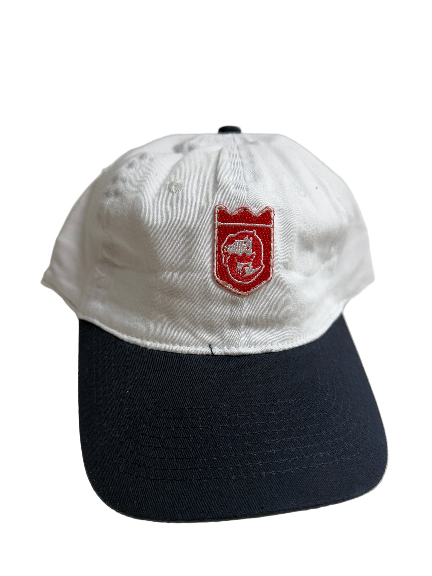 Small red badge patch unstructured flexfit dad hat navy blue, white