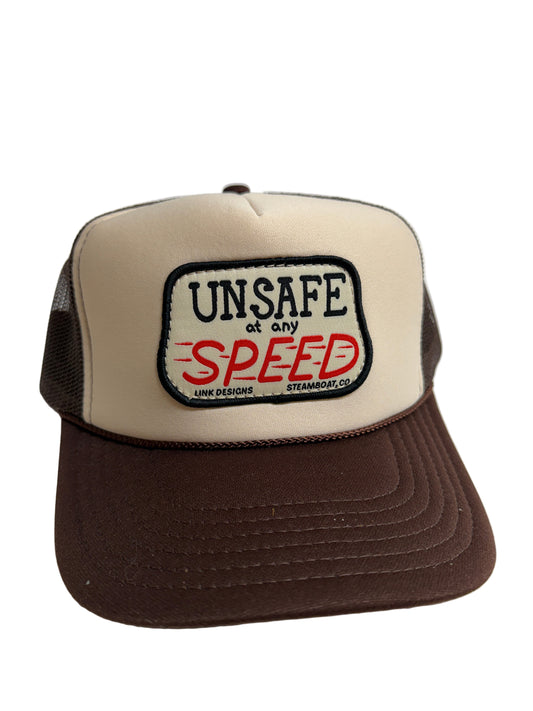 “Unsafe at any speed” trucker hat brown and khaki