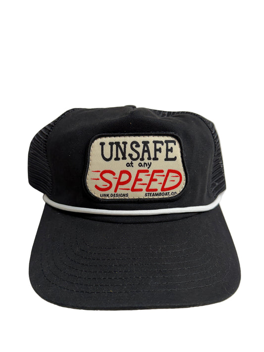 “Unsafe at any speed” unstructured SnapBack rope hat black